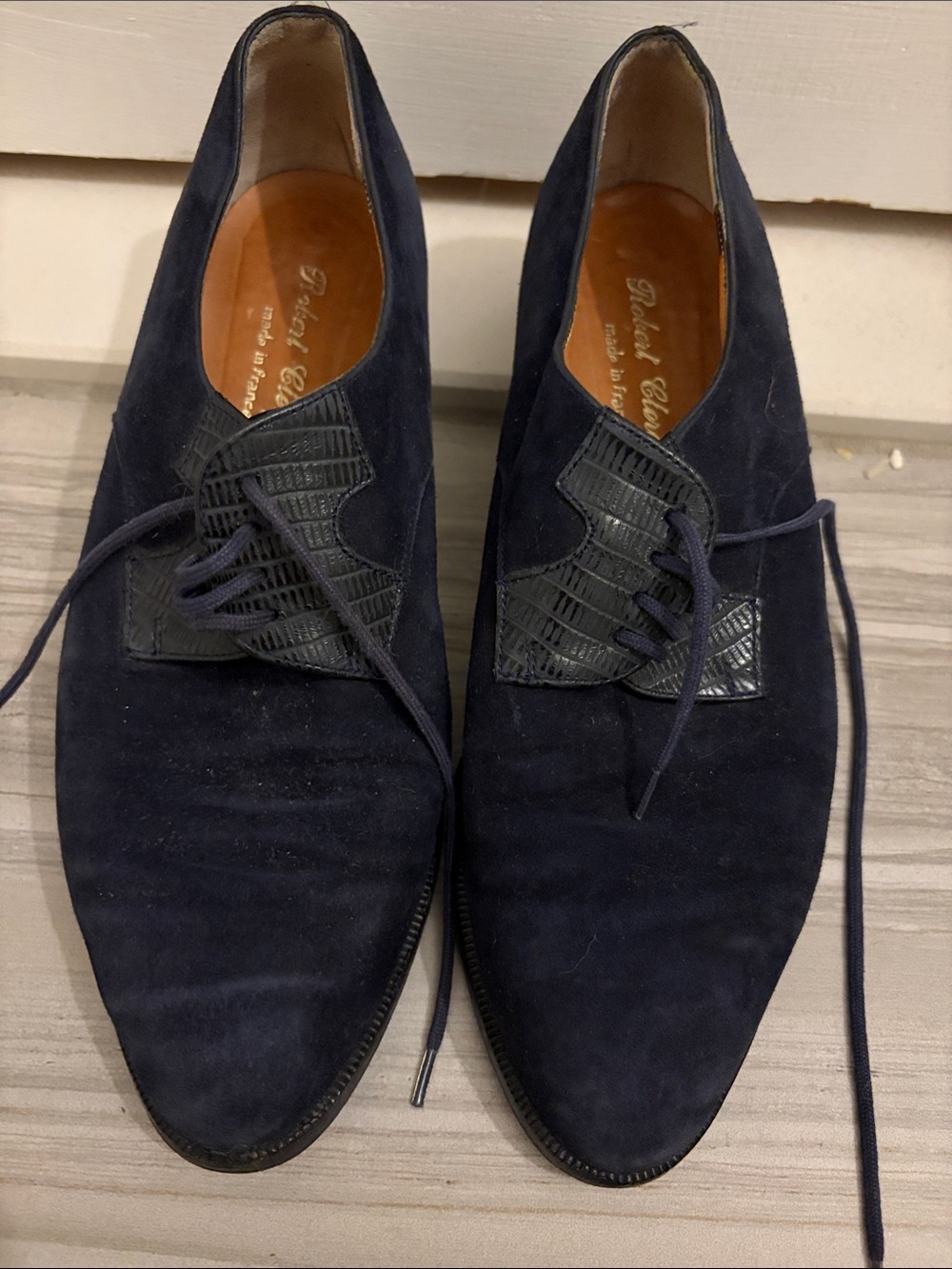 Vintage Robert Clergerie Navy Suede Lace-Up Oxfords with Navy Leather Accents